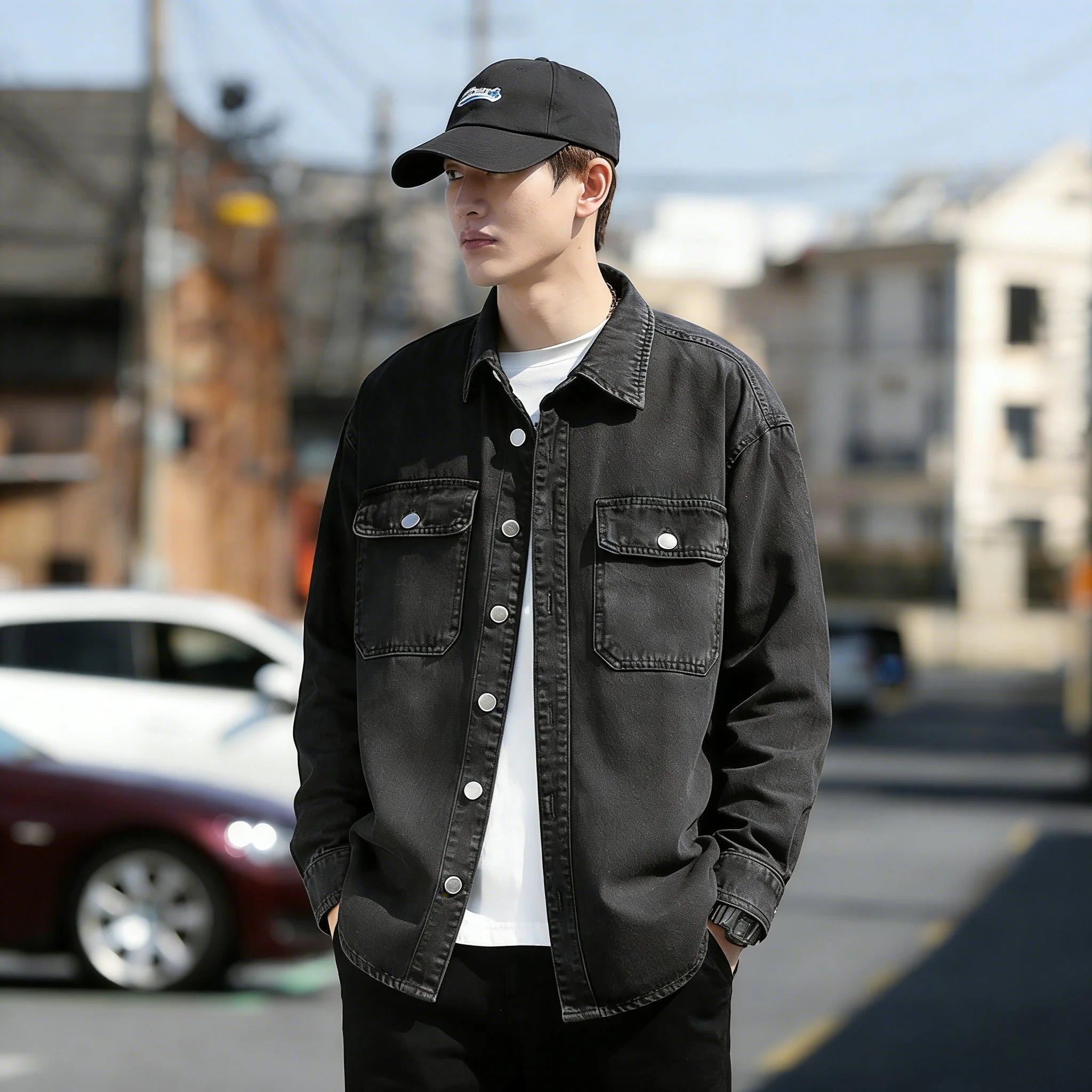 Retro Japanese Style Long Sleeve Denim Jacket Washed out Casual Workwear Versatile Spring Autumn Denim Shirt