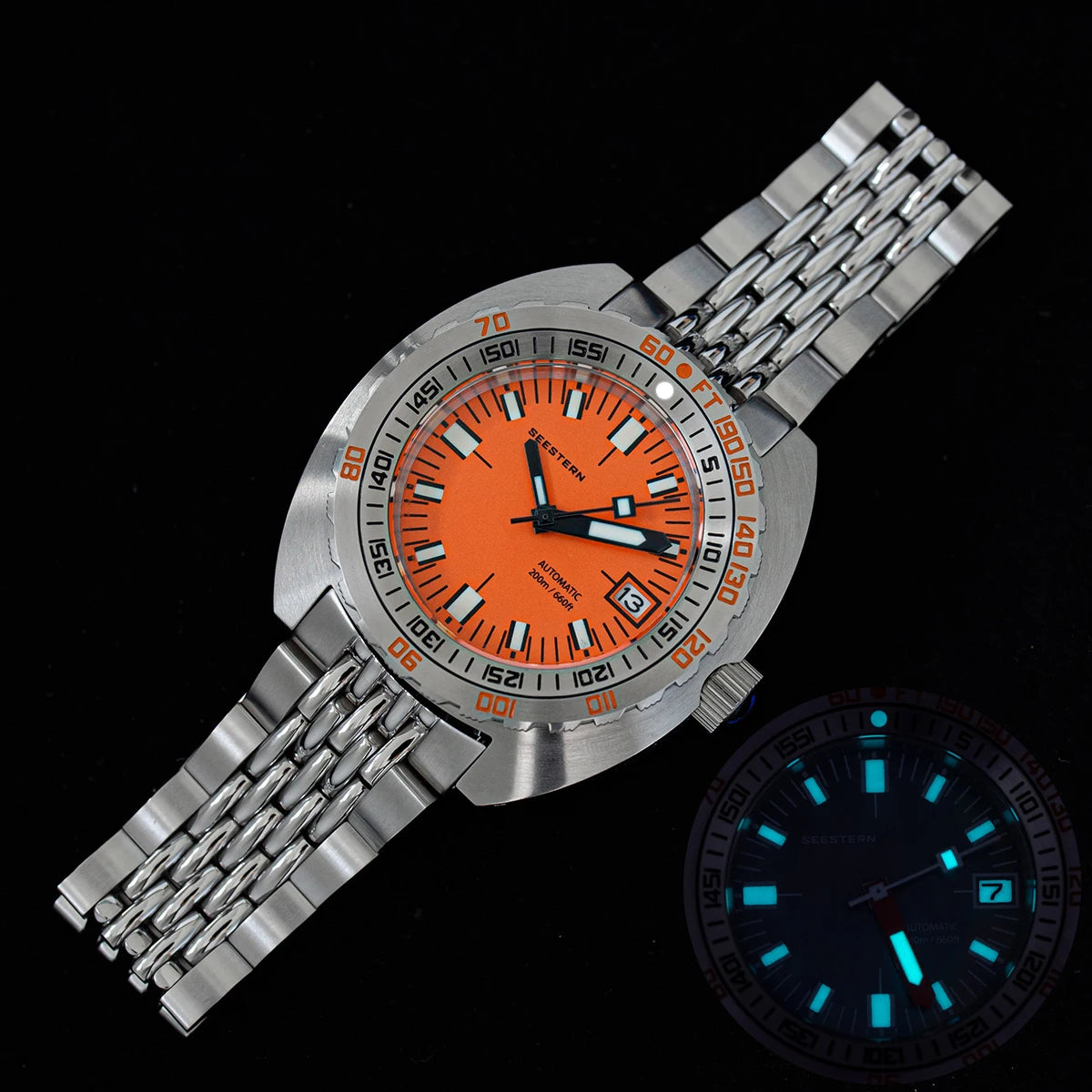 SEESTERN Watch SUB300T Diver Automatic Man Mechanical Sapphire Glass Luminous Date Waterproof 200 Turn Bracelet Wristwatch Retro