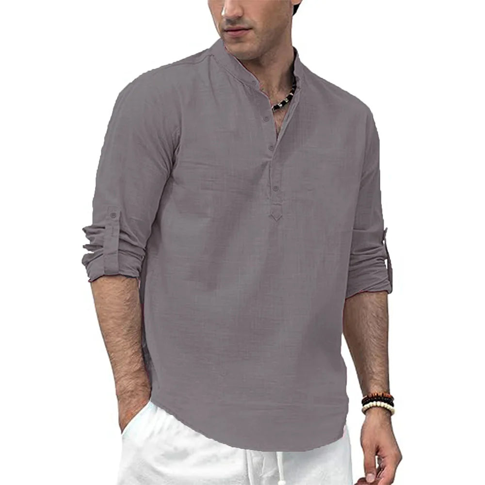 Men's Cotton Linen Long Sleeve Polo Shirt