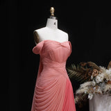 Sharon Said Elegant Pink Off Shoulder Evening Dress Ruched Chiffon A-Line with Train Women Wedding Formal Gown SF424 Customized