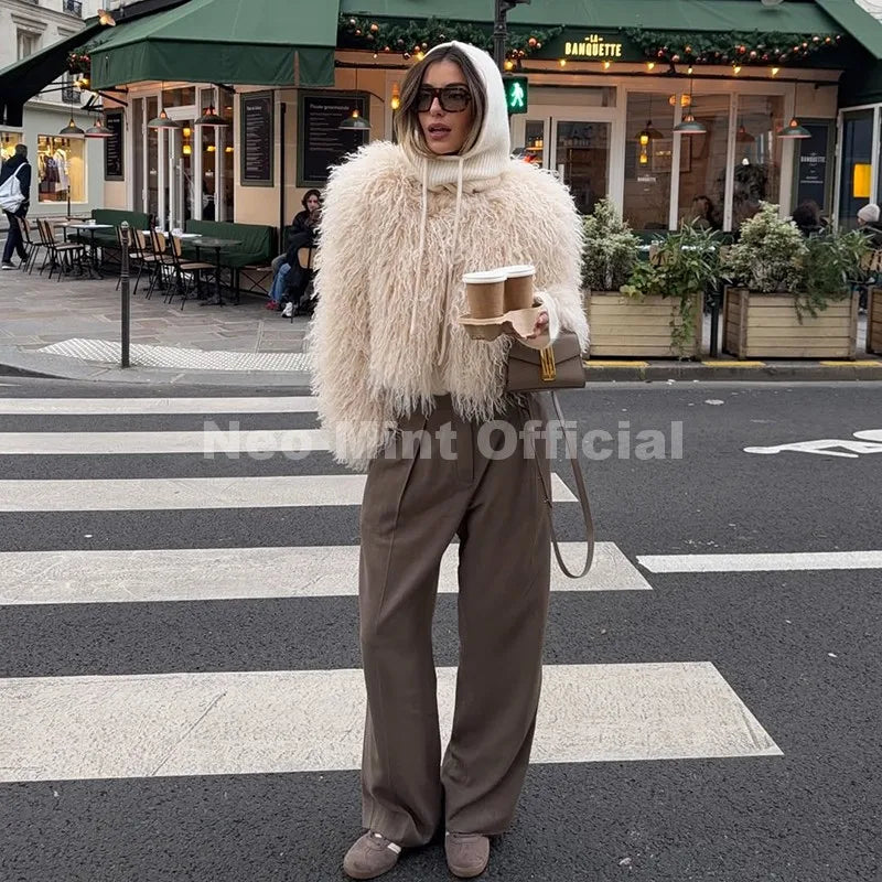 Chic Faux Mongolia Sheep Fur Cropped Jacket