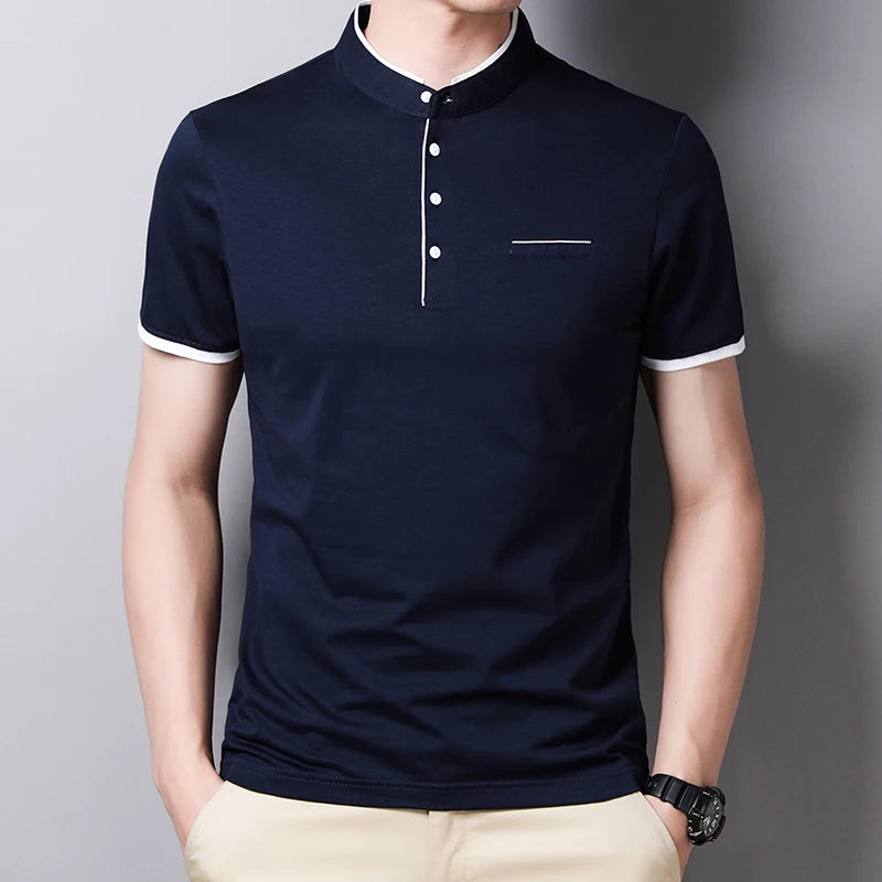 Men's Stand Collar Polo Tee – Solid, Anti-Wrinkle