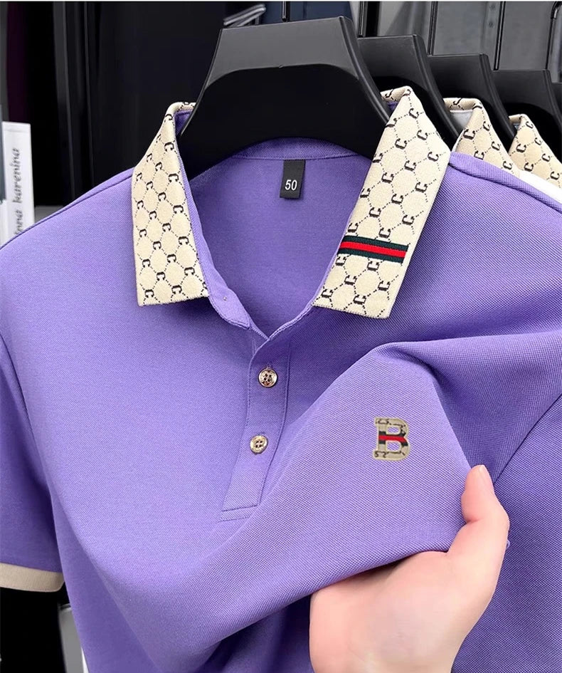 B Letter Embossed Short Sleeve Polo Shirt for Men