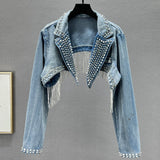 USA-Made Rhinestone Tassel Denim Jacket | Crystal Fringe Backless Festival Coat