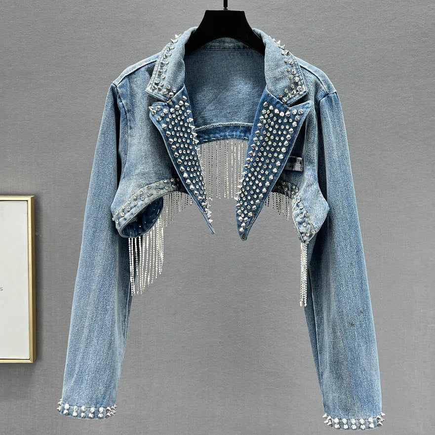 USA-Made Rhinestone Tassel Denim Jacket | Crystal Fringe Backless Festival Coat