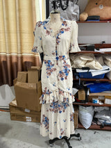 V Neck High Split Half Sleeve Slim Long Dress Print Waist Cinching Ruffle Hem Maxi Robes 2026 Women Party Vacation Vestidos