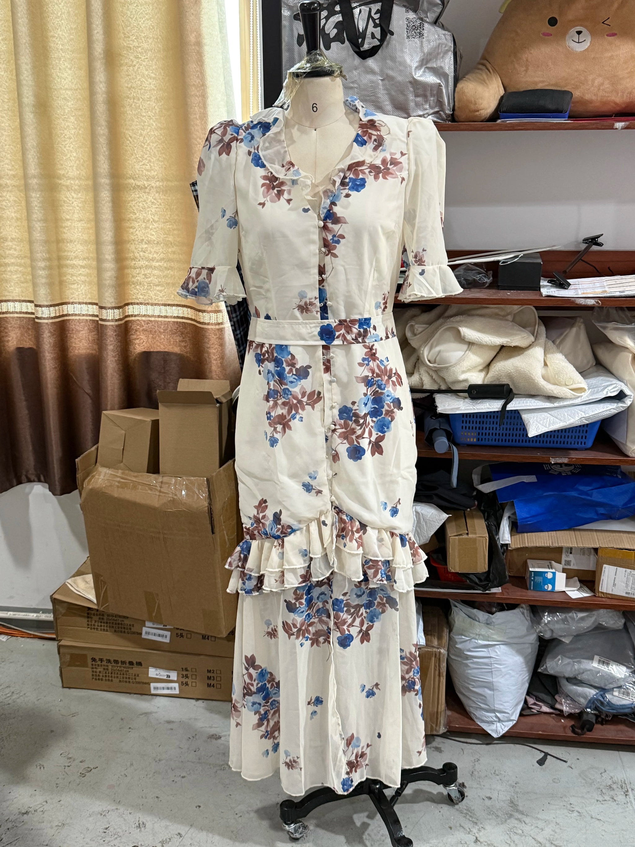 V Neck High Split Half Sleeve Slim Long Dress Print Waist Cinching Ruffle Hem Maxi Robes 2026 Women Party Vacation Vestidos