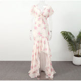 Flutter Sleeves Slim Long Dress Women Casual Pleated Deep V-neck Floral Print High Waist Dresses 2026 Lady Summer Holiday Wear