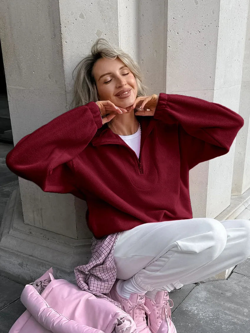 Women Autumn Winter Fleece Hoodies Elegant Stand Collar Zipper Loose Sweatshirt Elegant Solid Pullover Casual Top Streetwear