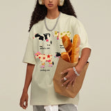 Cute Cartoon Cow Print T-Shirt Pure Cotton Washed Shoulder Round Neck Neutral Style Fashion Trend New High Quality Short Sleeves
