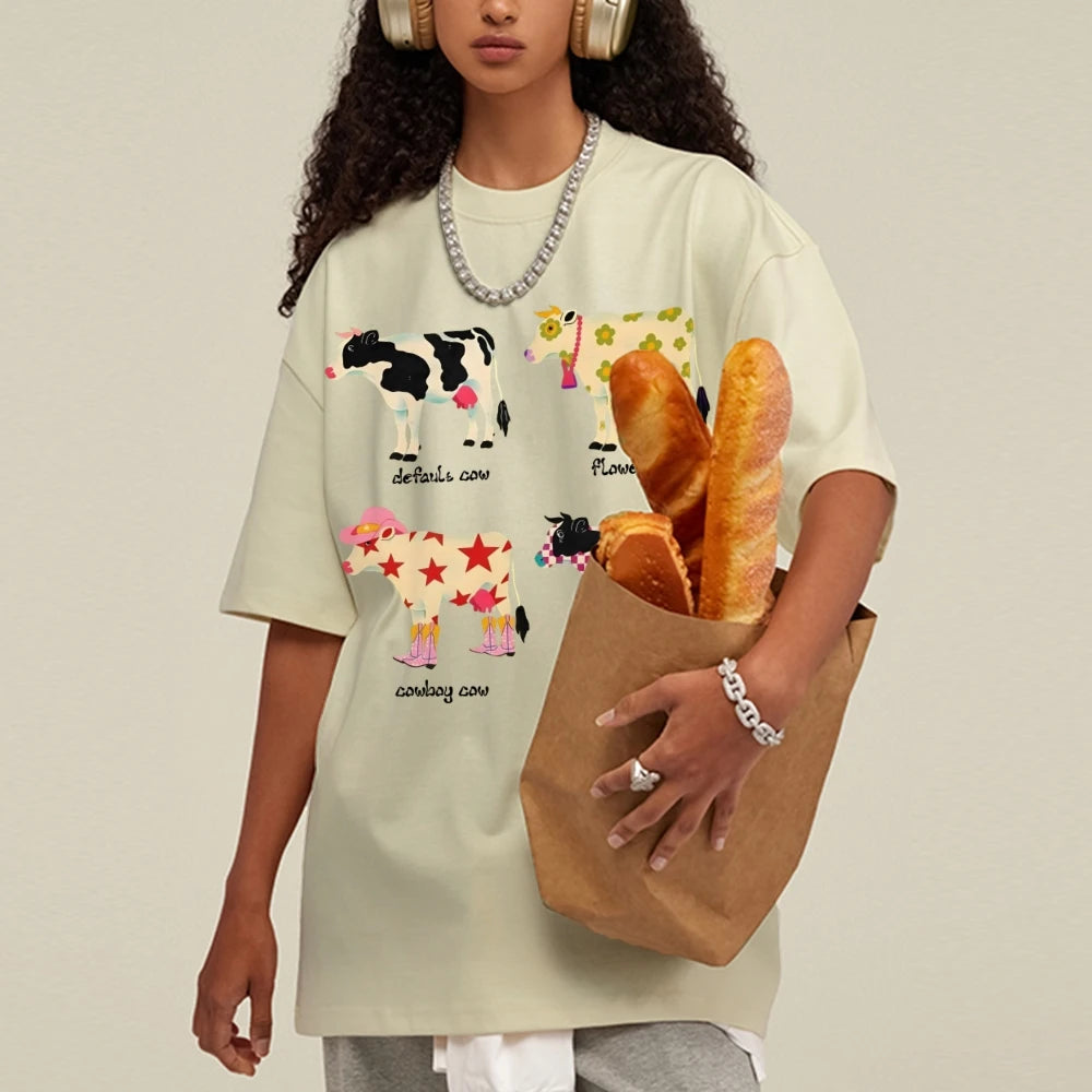 Cute Cartoon Cow Print T-Shirt Pure Cotton Washed Shoulder Round Neck Neutral Style Fashion Trend New High Quality Short Sleeves