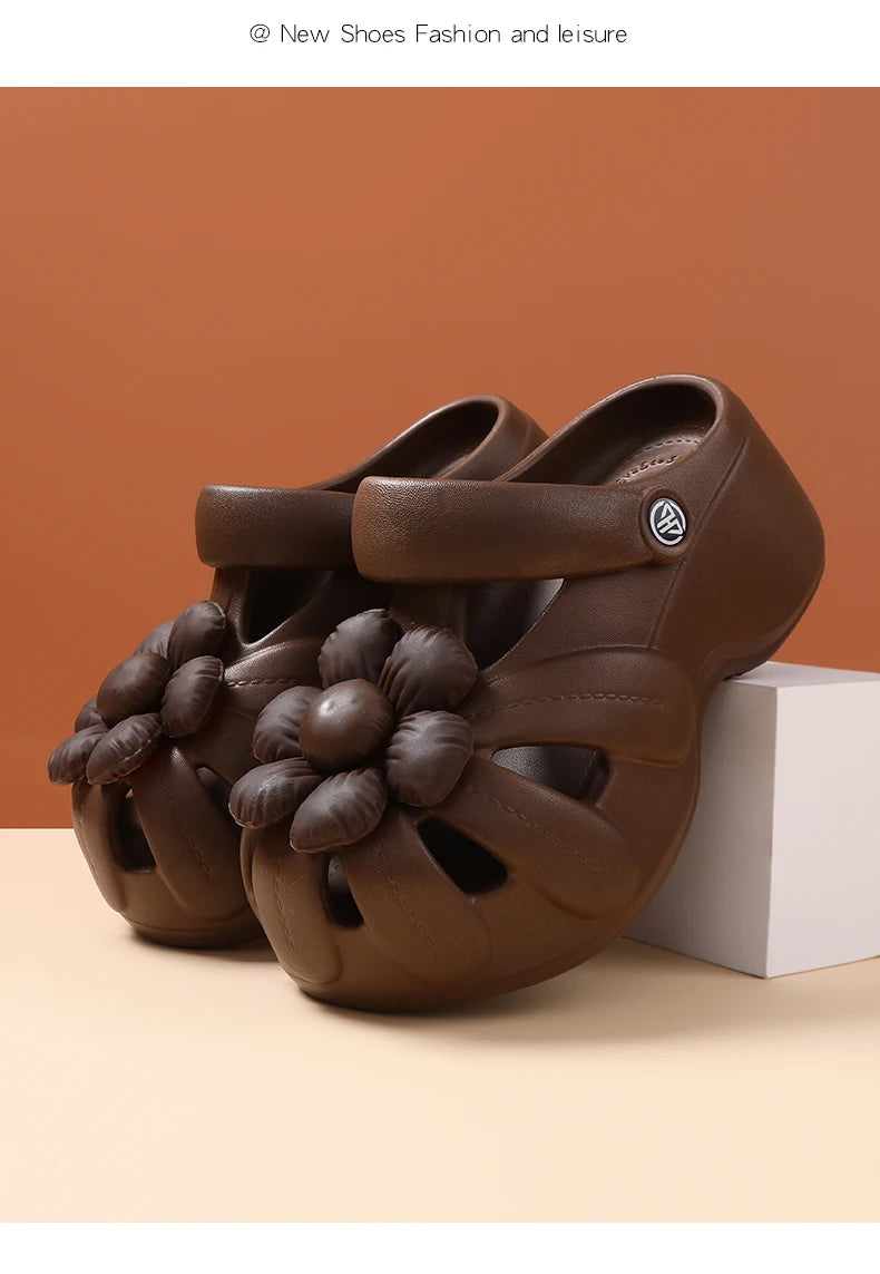Women's Platform Clog Sandals with Flower Decor — EVA Wedge Beach Shoes