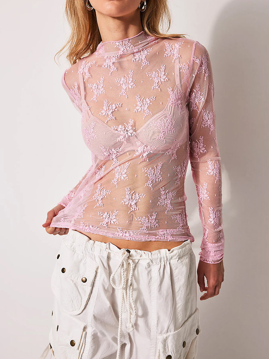 Women's Long Sleeve Mock Neck Lace Top