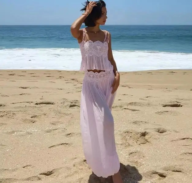 Women Floral Lace Sheer Layers Skirt Set Suspenders Ruffle Top High Waist Maxi Skirts 2026 Summer Beach Vacation Female Outfits