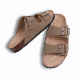 Evshine Leather Cork Footed Clogs Sandals For Women Fashion Flat Mules Slippers with Arch Support Men Double Buckle Cork Slides