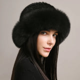 Genuine Knitted Mink Fur Hat with Fox Fur Brim
