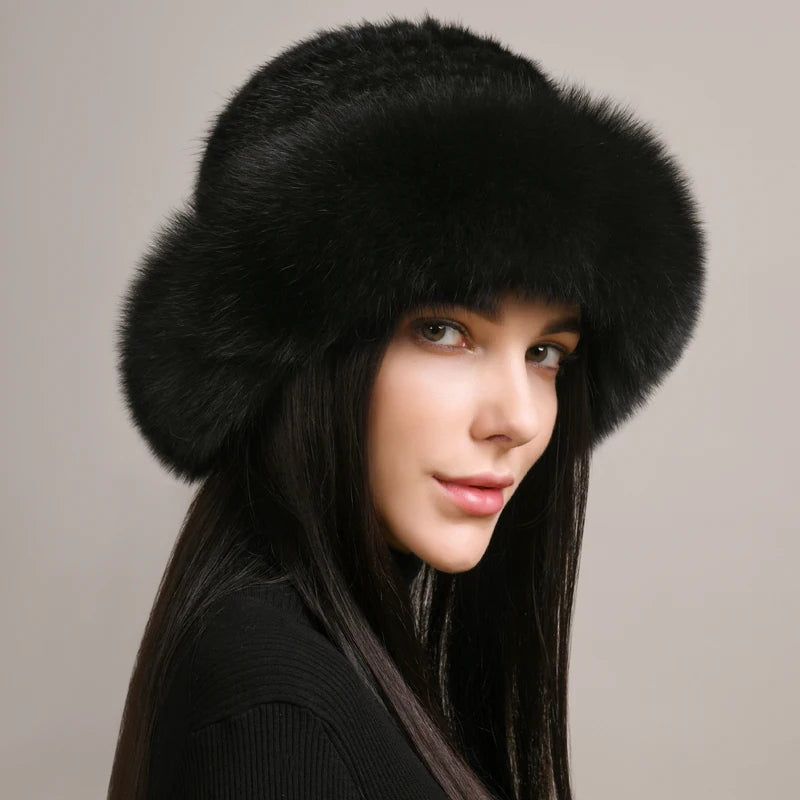 Genuine Knitted Mink Fur Hat with Fox Fur Brim