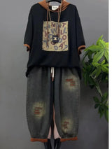 Vintage Plus Size Jeans Set Women's Two-Piece Outfit Casual Suit Denim Pants  Ladies Hooded T-Shirt Printed Jeans Sets