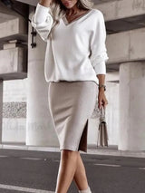 Autumn Winter Casual Loose V-neck Sweatshirt Suit Women's Tight Skirt Long-sleeved Top Two-piece Set New Fashion Holiday Sets