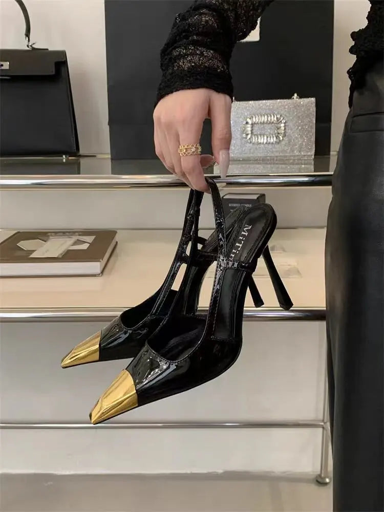 Women's High-heeled Sandals Summer New Metal square Head Patent Leather Black Stiletto Pumps Sexy Party SlingBack Shoes