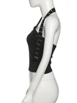 Nibber Sexy Hollow 3-Piece Set Women Hollow Biased Collar Backless Vests+Rivet Waistband+Simple Solid Shorts Slim Midnight Suits