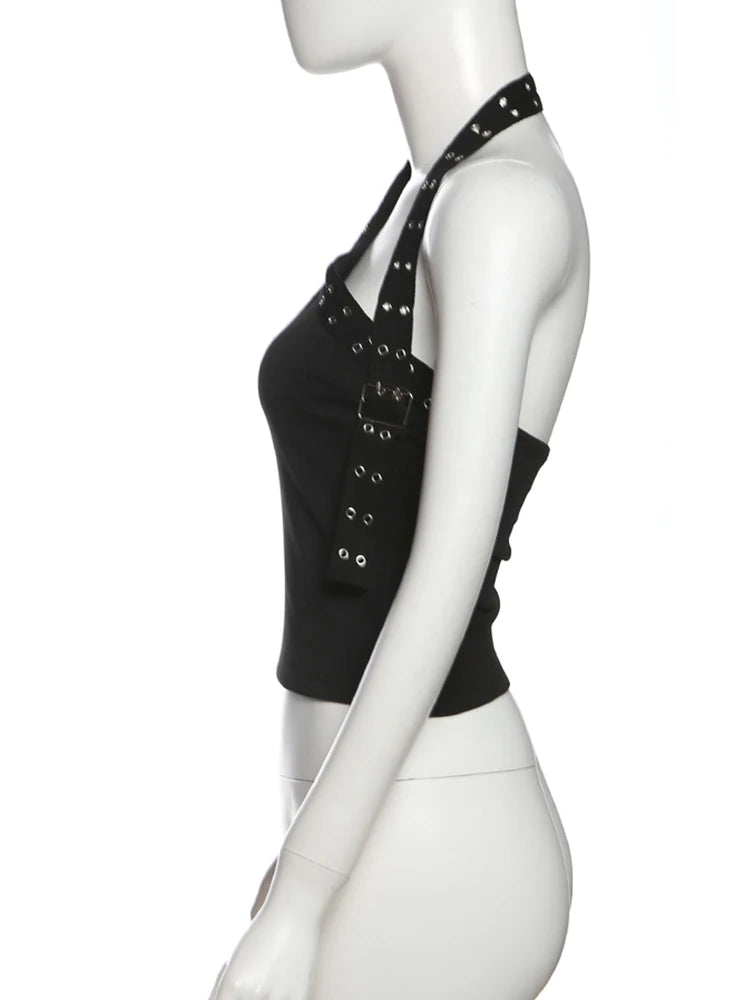 Nibber Sexy Hollow 3-Piece Set Women Hollow Biased Collar Backless Vests+Rivet Waistband+Simple Solid Shorts Slim Midnight Suits