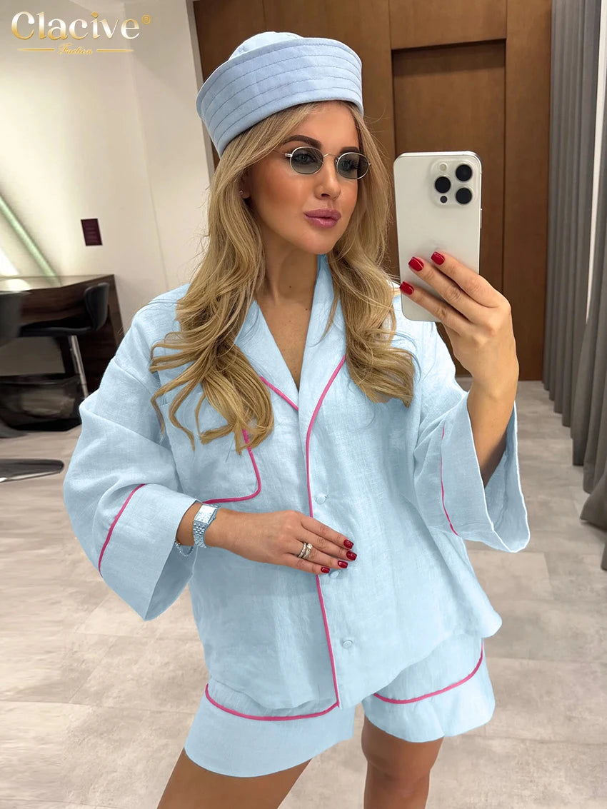 Clacive Fashion Loose Blue Cotton Home Women's Two Pieces Set 2025 Elegant Long Sleeve Shirt With High Waist Shorts Set Female