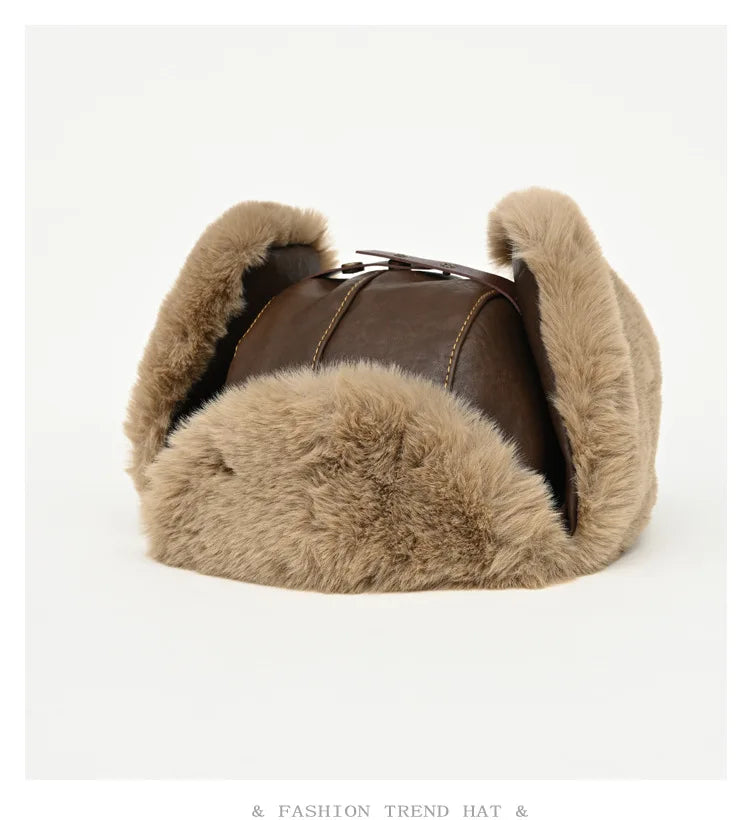 retro leather pilot hat Faux fur Bomber hat men ski cap winter hat women thickened warm ear protect hat classic riding cap털모자