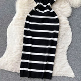 Korean Sweet Hit Color Patchwork Striped Spaghetti Strap Dress and V Neck Long Sleeve Cardigans 2 Pieces Sets