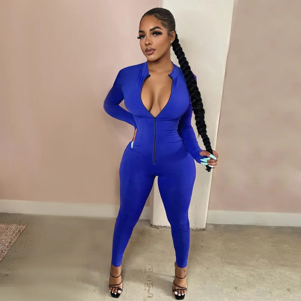 Sleek Deep-V Zip-Front Bodycon Romper – Athletic Fitness Jumpsuit