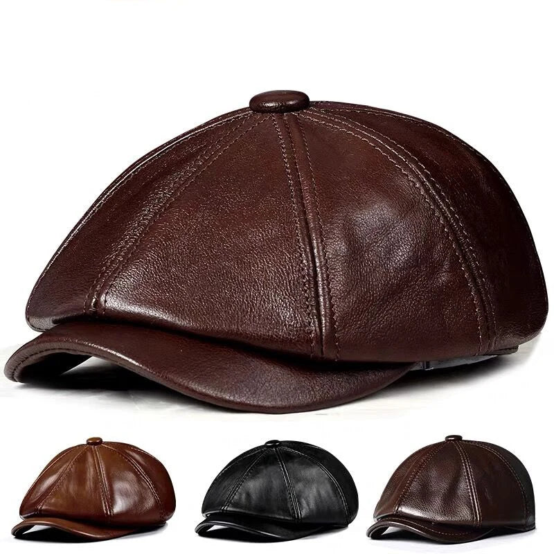 Genuine Leather Octagonal Beret Cap | Men's Cowhide Hat