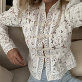 2026 Summer Lace Printed Shirts Tops Female Hollow Out Fashion Commute Vintage See-Through Blouse Women's Lace Shrug Shirts New