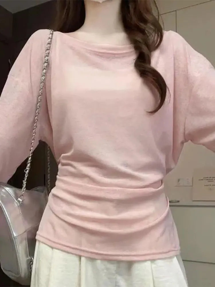 Sheer Oversized Off-Shoulder Long Sleeve Tee | Back Ribbon Detail