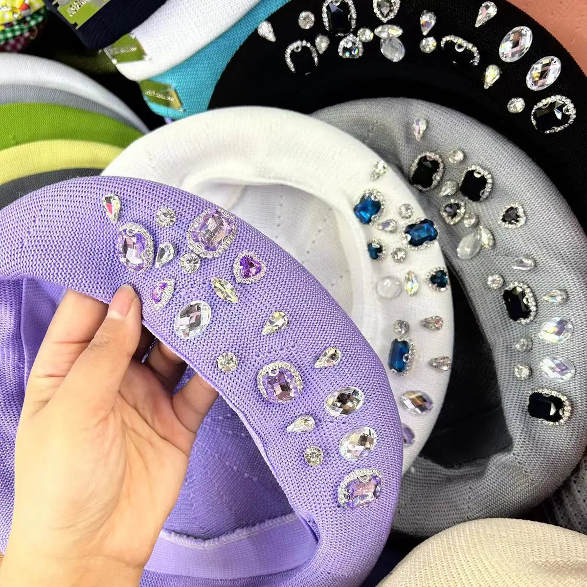 INS Summer rhinestone beret women's new fashion versatile hat thin breathable painter hat handmade rhinestones versatile pumpkin