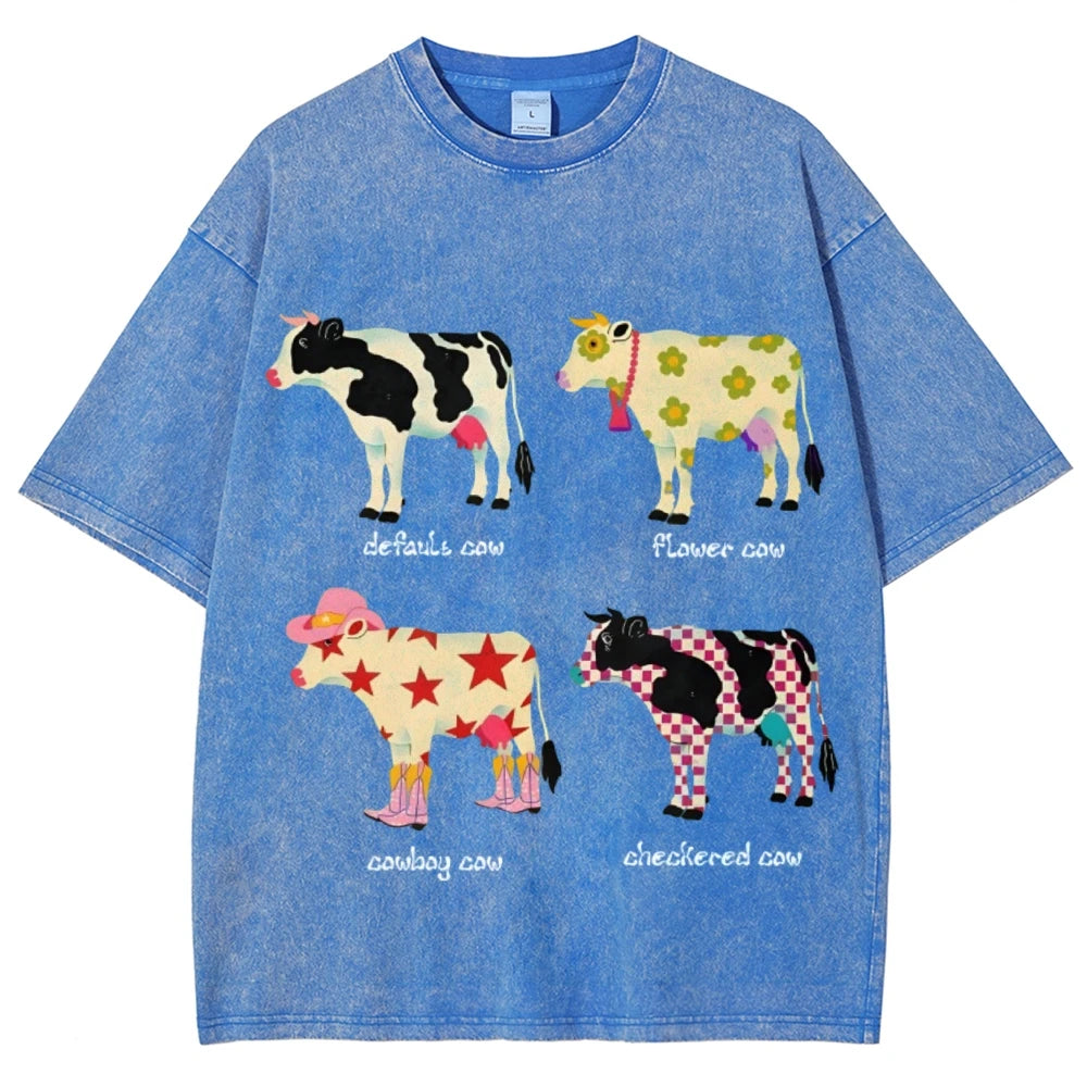 Cute Cartoon Cow Print T-Shirt Pure Cotton Washed Shoulder Round Neck Neutral Style Fashion Trend New High Quality Short Sleeves