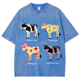Cute Cartoon Cow Print T-Shirt Pure Cotton Washed Shoulder Round Neck Neutral Style Fashion Trend New High Quality Short Sleeves