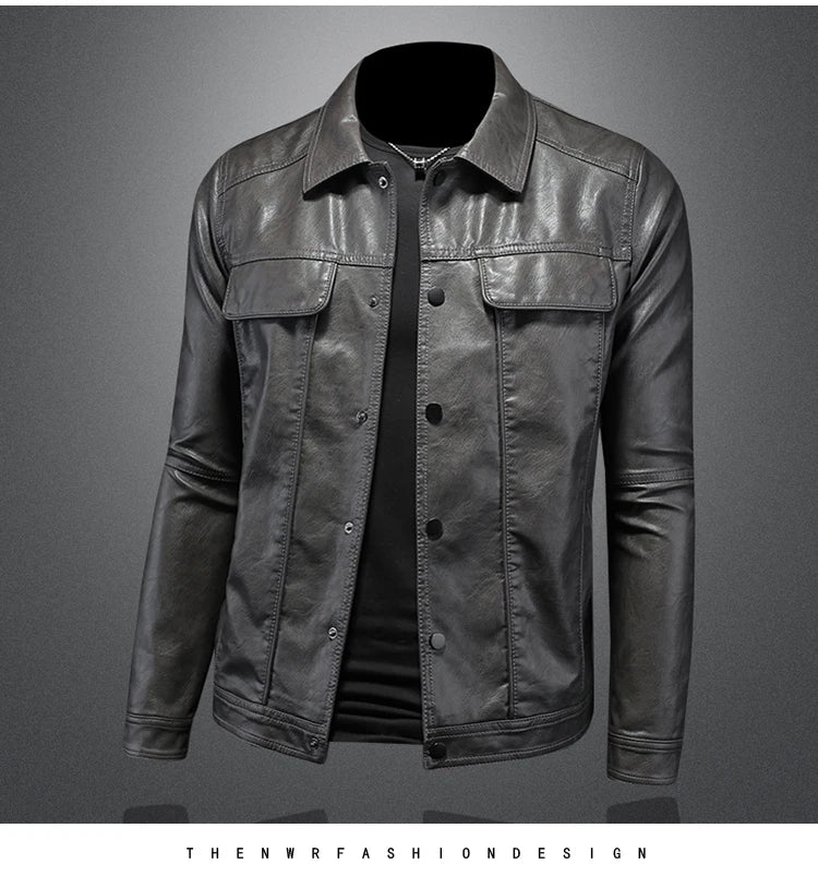 2024 Autumn and Winter New Men's Fashion Handsome with Solid Color Boutique Lapel Motorcycle Leather Coat Slim Fashion  M-5XL