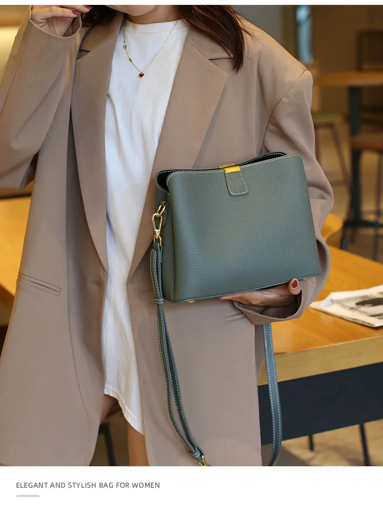 Women's Genuine Leather Handbag Luxury Bucket Style Casual Lady Fashion Shoulder Crossbody Messenger Bag for Girls 2025 Hot Sale