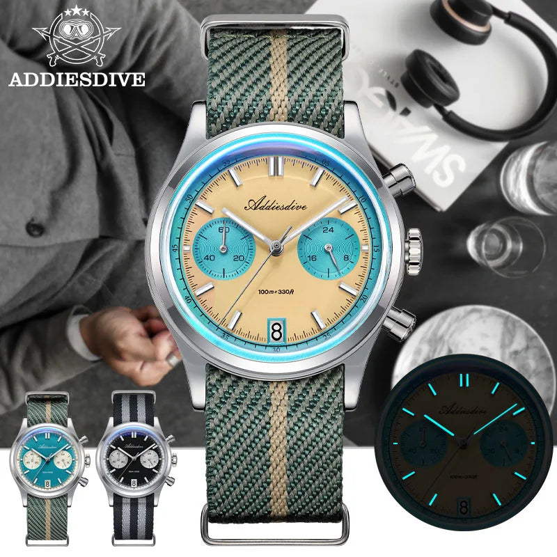 ADDIESDIVE 2025 NEW Watch of Men 60min Chronograph Quartz Wristwatch Bubble Mirror Glass Luminous Waterproof Men's Watches 38mm