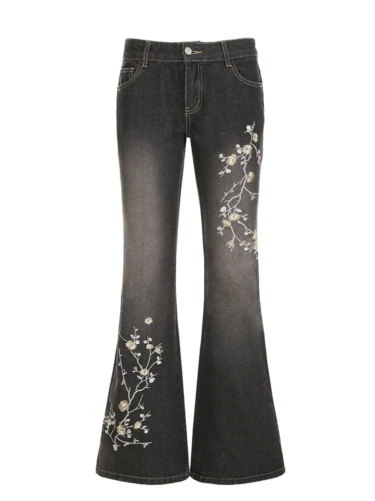 Weekeep Floral Embroidery Low Rise Flared Jeans Women
