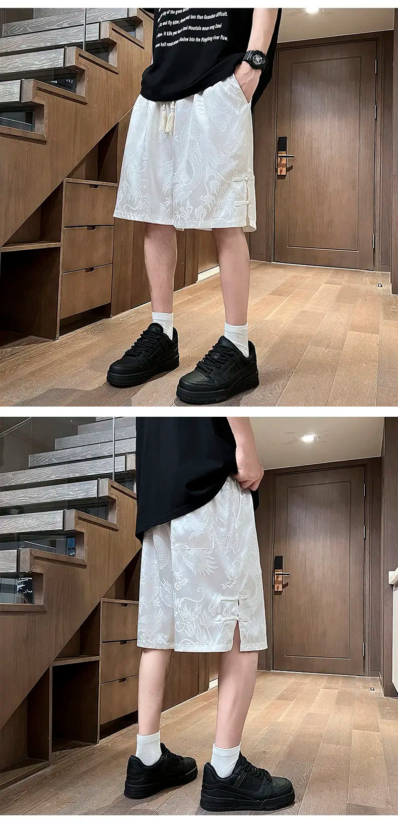 Men's Dragon Print Twill Shorts | Plus Size M–5XL