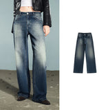 TOYOUTH Women Denim Jeans 2025 Autumn New Lycra Stretch Washed Wide Leg Straight Long Pants