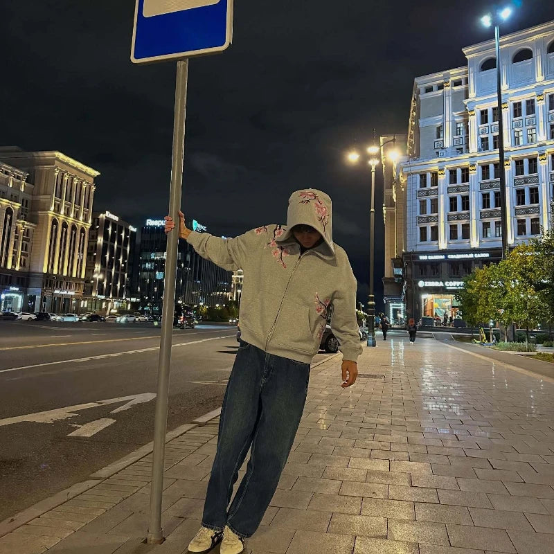 Cherry Blossom Embroidered Zip-Up Hoodie
