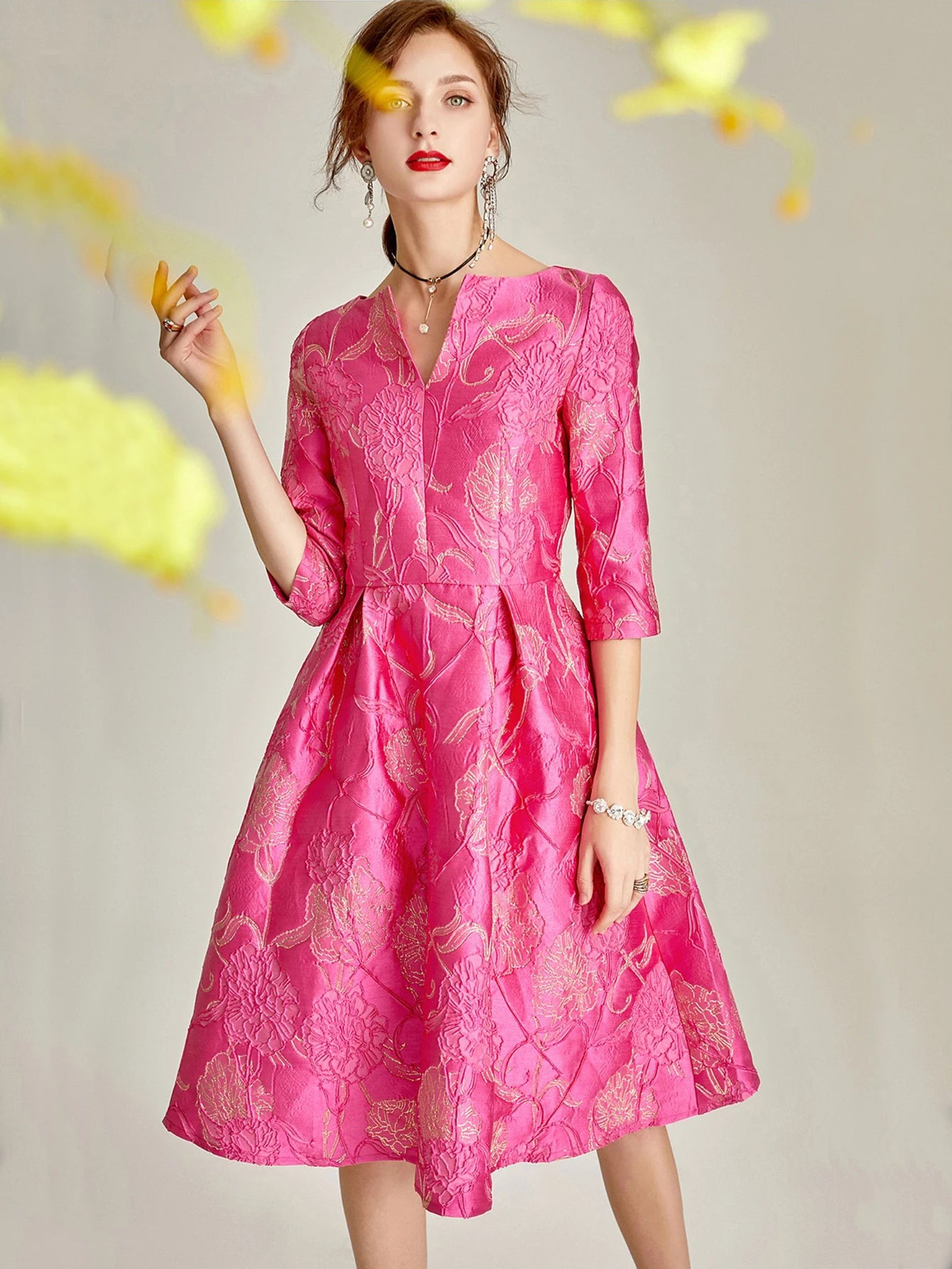 Women's Rose Jacquard V-Neck A-Line Party Dress
