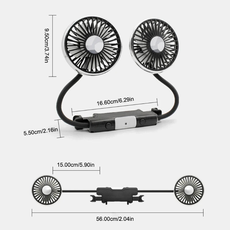 SEAMETAL Dual-Head USB Car Fan | 3-Speed 360° Cooling