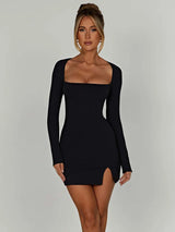 Autumn Black Square-Neck Backless Mini Dress - Long Sleeve Slim Fit Streetwear