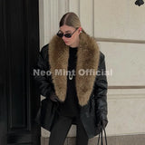 Women's Black Faux Leather Coat with Detachable Collar