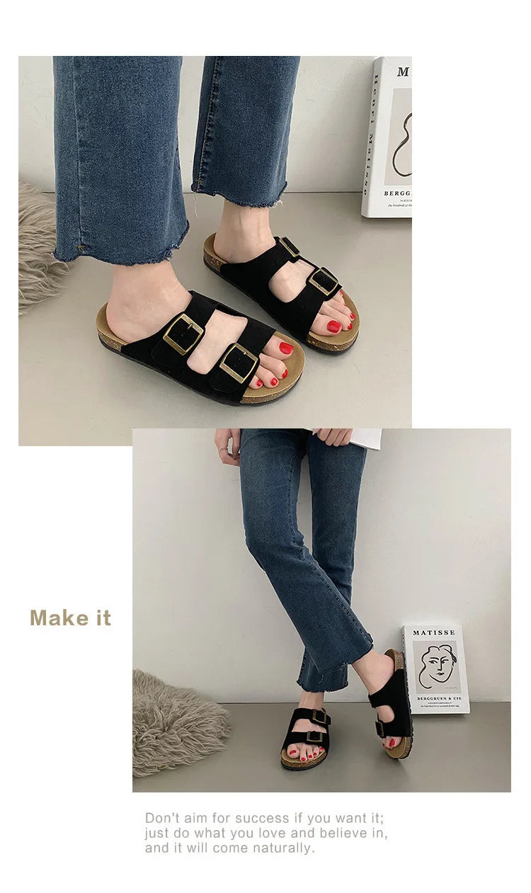 Evshine Leather Cork Footed Clogs Sandals For Women Fashion Flat Mules Slippers with Arch Support Men Double Buckle Cork Slides