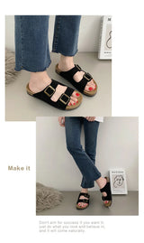 Evshine Leather Cork Footed Clogs Sandals For Women Fashion Flat Mules Slippers with Arch Support Men Double Buckle Cork Slides