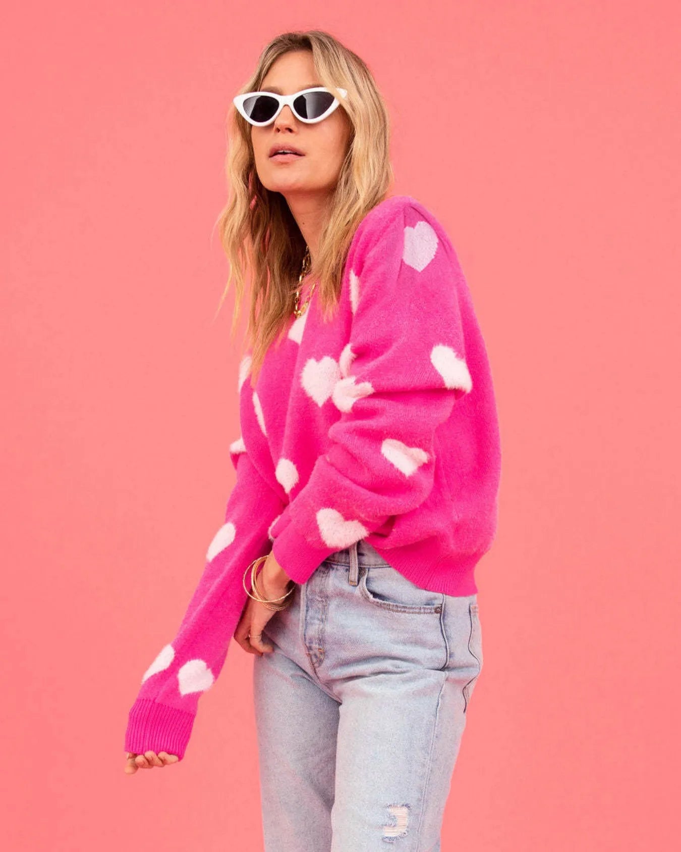 Women's Oversized Fuzzy Heart Knit Pullover Sweater